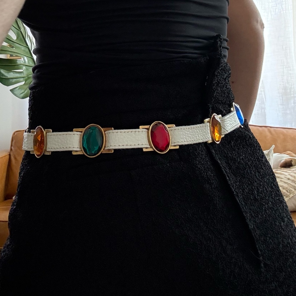 Vintage White Leather Gem-Accent Women's Belt